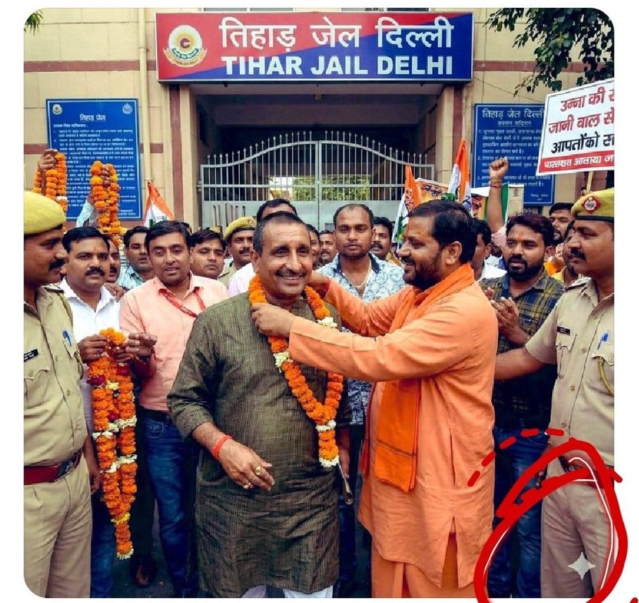 Kuldeep Singh Sengar Bail Controversy: Central and UP Governments Using All Their Might Against 2017 Unnao Rape Victim, Says Advocate 1 AI-generated image of Kuldeep Singh Sengar being garlanded, exposed as fake during Unnao rape case controversy