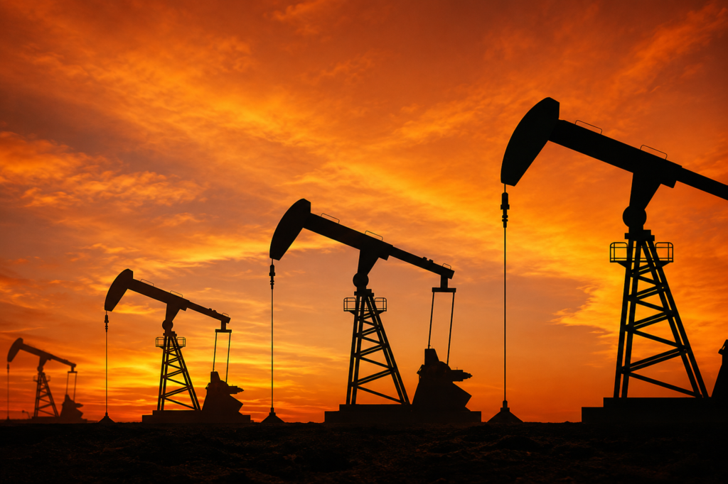 US Senators Push 100% Tariff Bill Over Russian Oil: Big Blow for India? 2 Oil pumpjacks at sunset representing Russian oil trade amid the US tariff proposal.